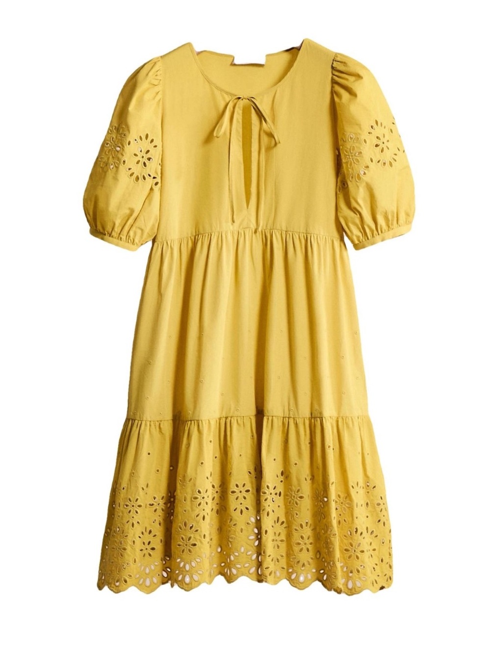 Coach mustard yellow eyelet cotton broderie puff sleeve anglaise dress - Picture 2 of 7